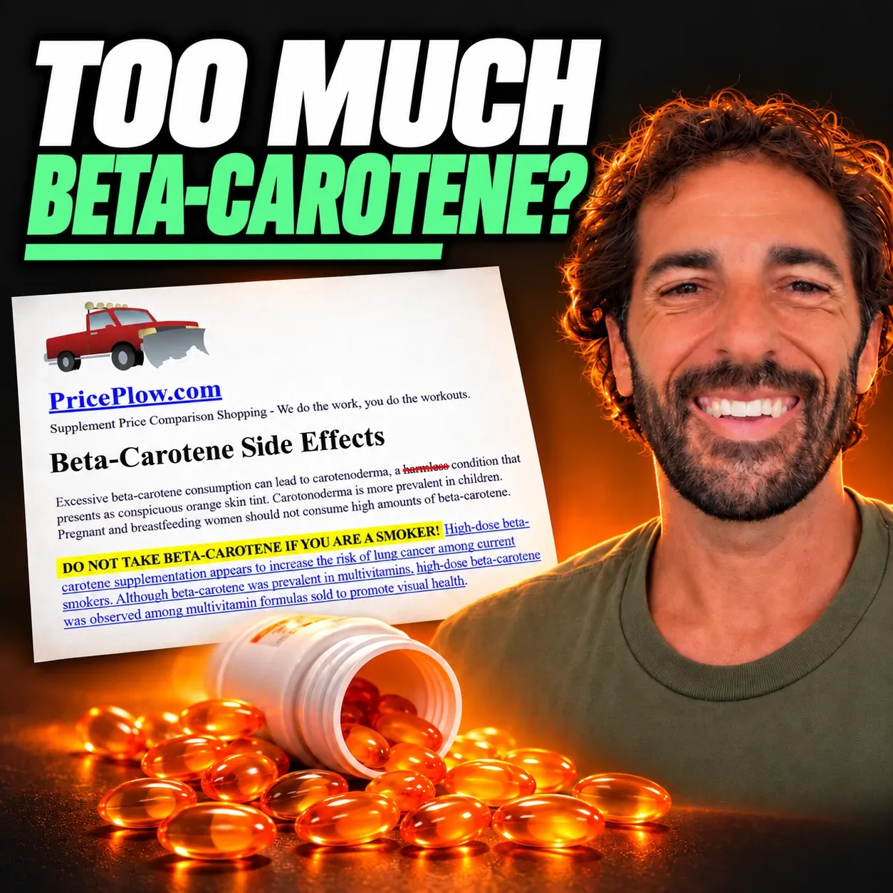 Too much beta-carotene? Mike Roberto smiling beside his 2008 PricePlow page warning smokers not to take beta-carotene, with orange softgels spilling from a bottle