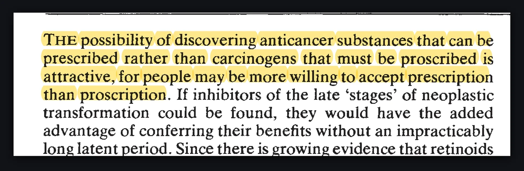 Opening paragraph of Peto 1981, highlighted: anticancer substances that can be prescribed rather than carcinogens that must be proscribed