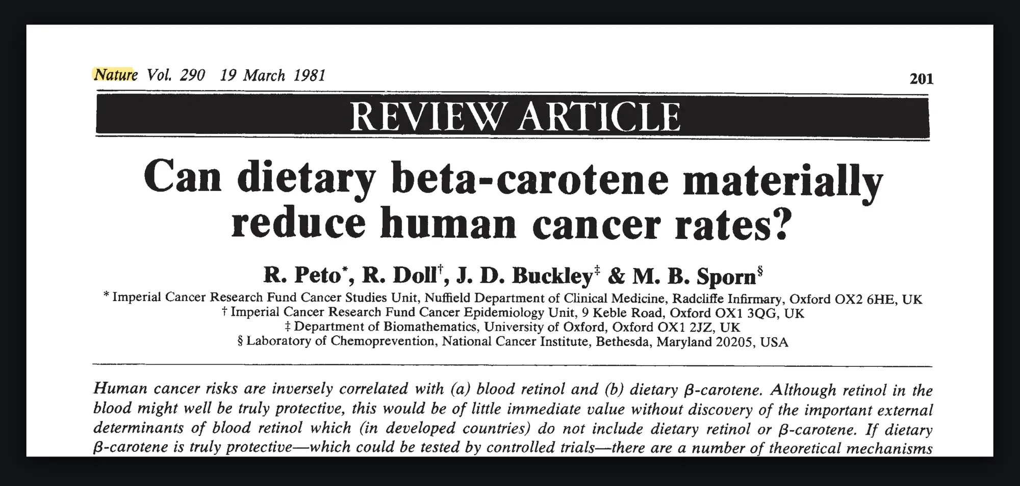 First page of Peto, Doll, Buckley, and Sporn, "Can dietary beta-carotene materially reduce human cancer rates?", Nature, 19 March 1981