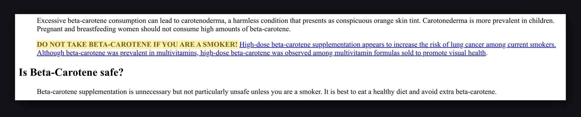 PricePlow beta-carotene page from 2009 with the warning "DO NOT TAKE BETA-CAROTENE IF YOU ARE A SMOKER!" highlighted