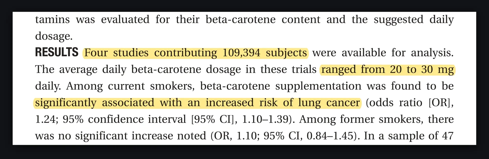 Results section of the 2008 meta-analysis, highlighted: four studies, 109,394 subjects, 20 to 30 mg a day, increased risk of lung cancer