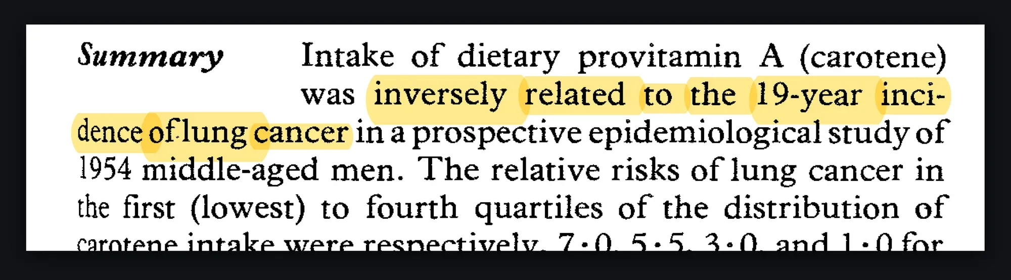 Summary of the Western Electric Study, highlighted: inversely related to the 19-year incidence of lung cancer