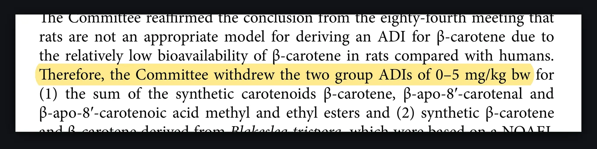 JECFA 2019 report, highlighted: therefore, the Committee withdrew the two group ADIs of 0-5 mg/kg bw